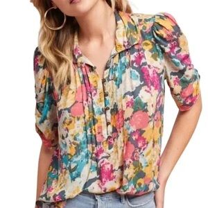Anthropologie Floral Blouse Detailed Multicolored Buttons Size 6